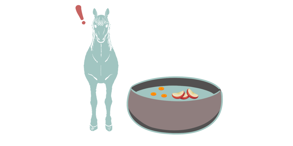 A blue cartoon horse with a red exclamation point over their head stands nest to a trough of water that has apple slices and carrots floating in it.