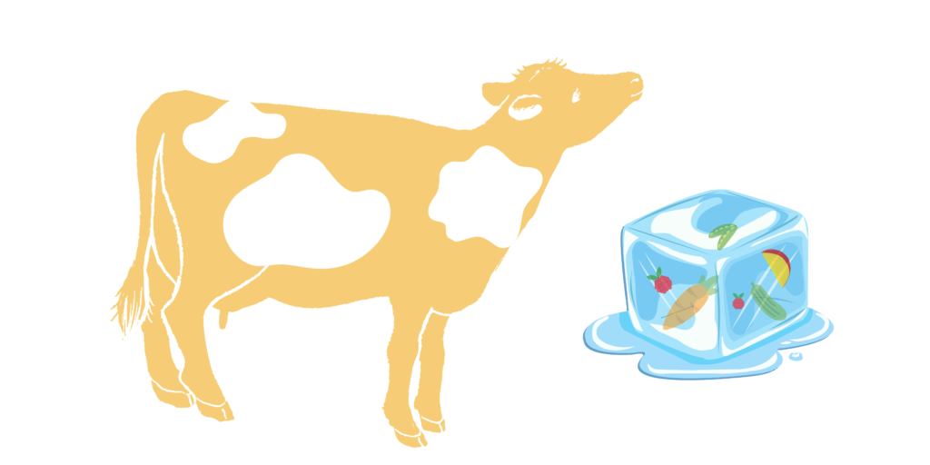 A yellow cartoon cow with white splotches stands before a block of melting ice filled with fruits and veggies.
