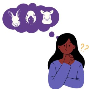 A dark skinned woman with long black hair and a purple shirt has a darker purple thought bubble over her head with the images of a crying bunny face, goose face, and sheep face. Over one shoulder there are two question marks and she looks thoughtful.