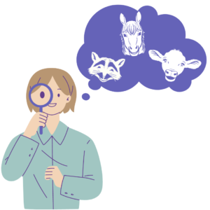A light skinned person in a light blue lab coat with light brown hair down to their chin, smiles and looks through a purple magnifying glass. Above their head is a purple thought bubble with the images of a smiling racoon face, a smiling horse face, and a smiling cow face sits above her.