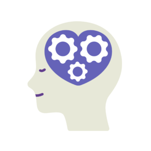 A cartoon profile of a human head wears a calm expression. A purple heart can be seen inside their head with three white gears within it.