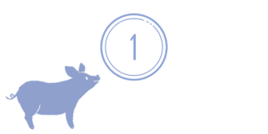 A light purple cartoon pig looks up at a 1 in a circle.
