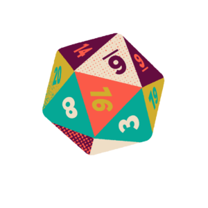 This graphic depicts a 20-sided dice of purple, tan, green, and orange.