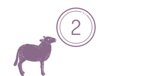 A purple cartoon sheep looks up at a 2 in a circle.