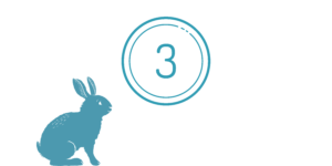 A turqoise cartoon rabbit looks up at a 3 in a circle.
