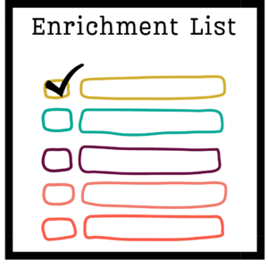 this graphic is contained within a black square outline. It reads "Enrichment List". Below are 5 lines and boxes in varying colors of green, purple, and orange. The top box is checked with a checkmark. 
