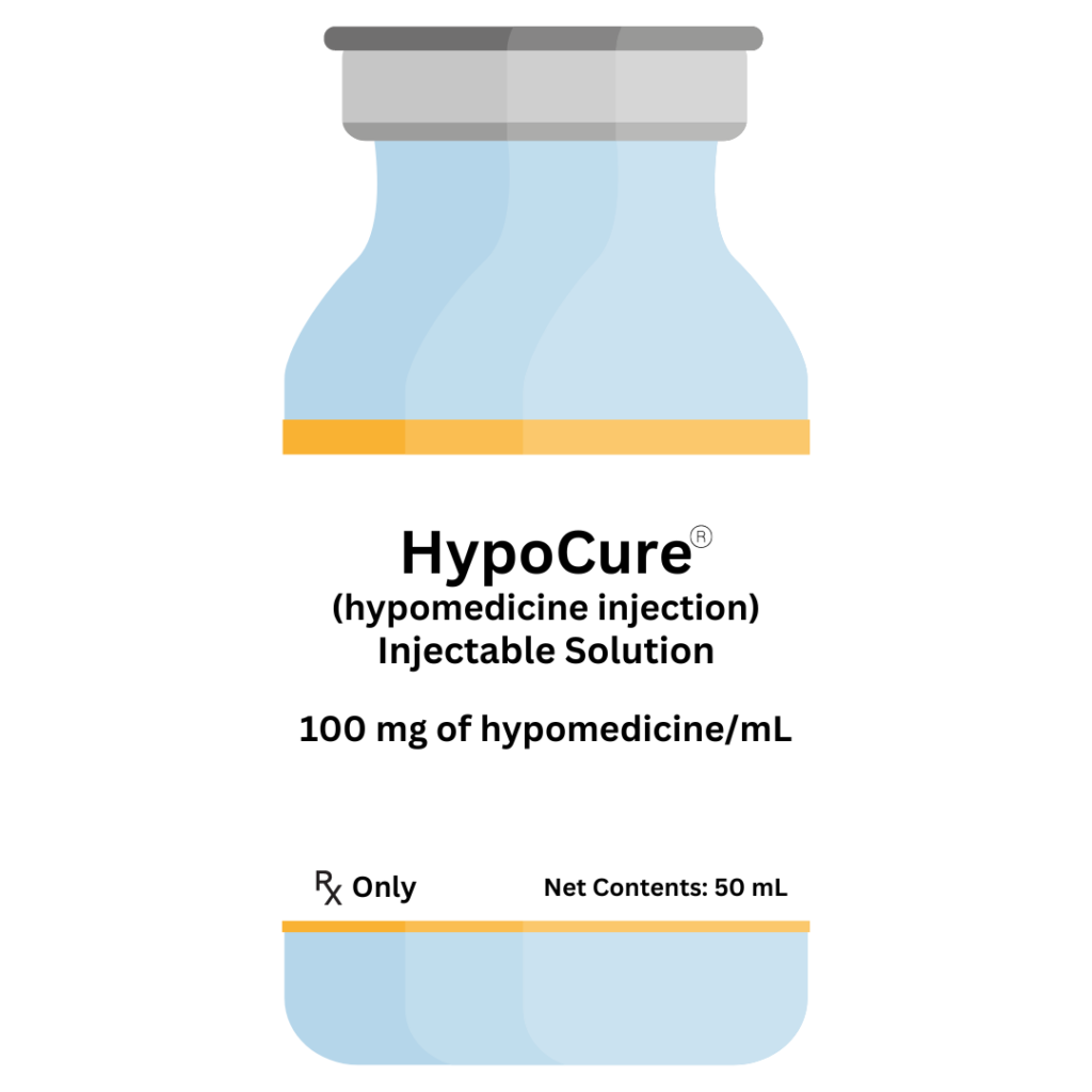 Graphic of an injection vial with a label that reads, "HypoCure (hypomedicine injection) Injectable Solution." Below this text reads, "100 mg of hypomedicine/mL)." Bottom left hand corner reads, "Prescription Only,"  and the bottom right hand corner reads, "Net Contents: 50 mL."