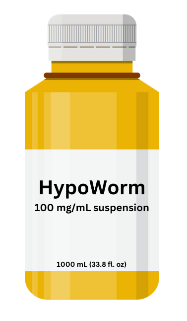 Graphic of medication bottle that reads, "HypoWorm, 100mg/mL suspension." At the bottom of the label is, "1000 mL (33.8 fl. oz)."