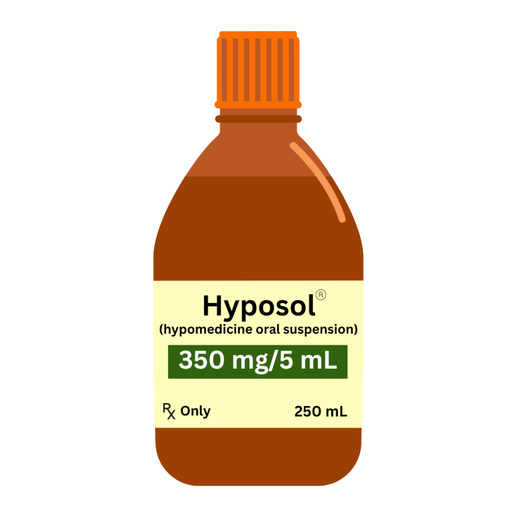 Graphic of a medication bottle with a label that reads, "Hyposol (hypomedicine oral suspension)." In a green box is "350 mg/5 mL." The bottom left hand corner reads, "Prescription Only," and the bottom right hand corner reads, "250 mL."