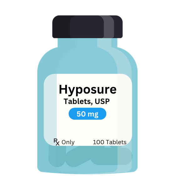 Graphic of pill bottle with a label that reads, "Hyposure Tablets, USP." In the center of the label, in a blue box is "50 mg." "Prescription only" is found in the bottom left hand corner, and "100 Tablets" is found in the bottom right hand corner.