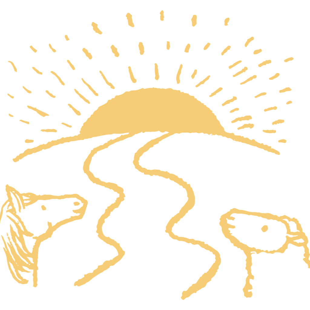 An image of a horse on the left side of a path, and sheep on the right side, as they look forward to a rising sun. 