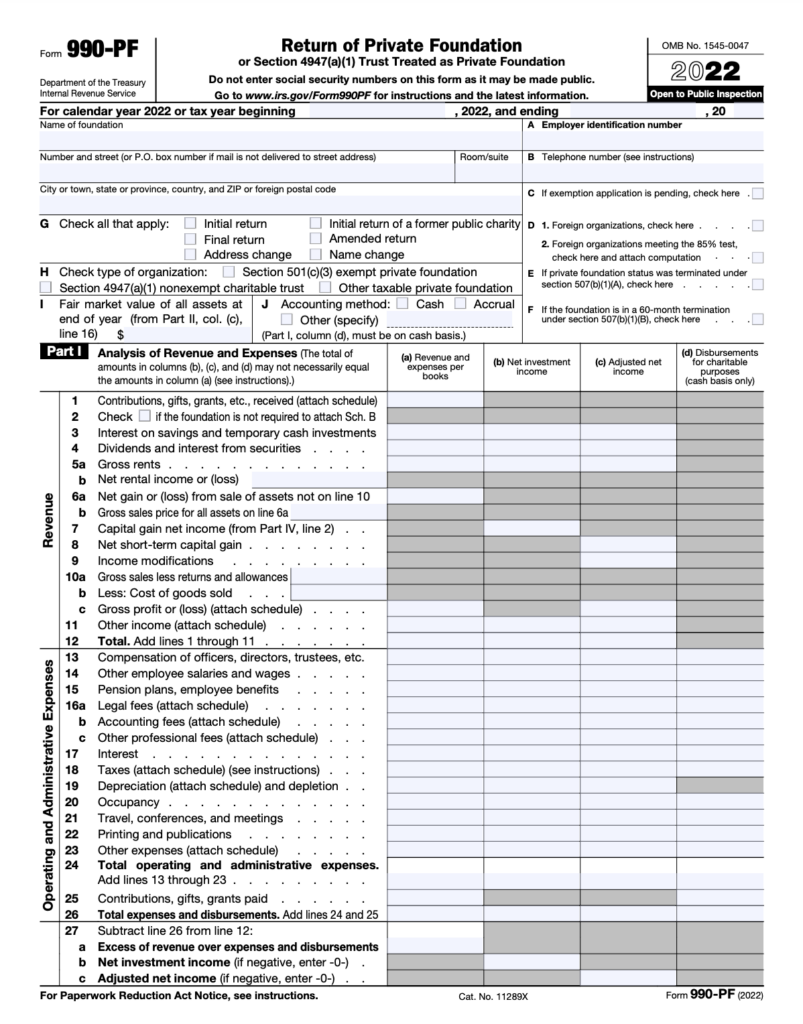 This is a picture of the first page of IRS Form 990-PF, which is the Return of a Private Foundation. This is dated 2022. The relevant portions discussed are the top portion, which calls for:
The name of foundation
Employer identification number
Address
Telephone Number.

The second relevant section is towards the bottom of the page, and is labeled Line 25. This Line is where you would find all contributions, gifts, and grants paid by the foundation. 