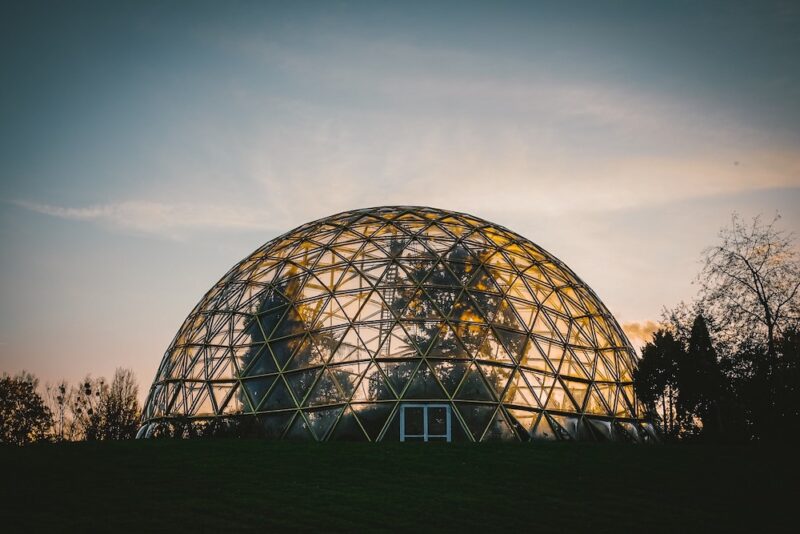 a clear dome structure encloses two large trees 