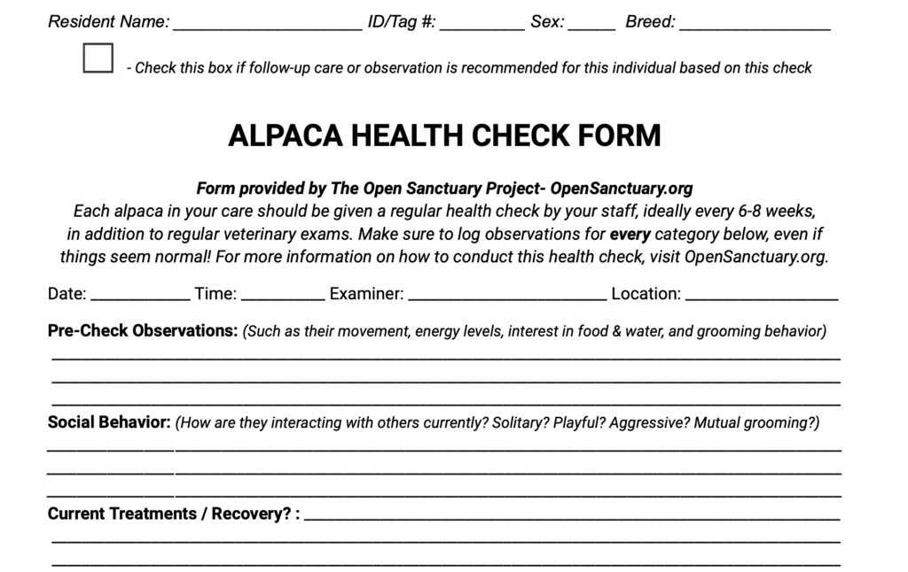 Sample of the alpaca health check form