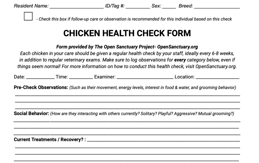 Sample of the chicken health check form