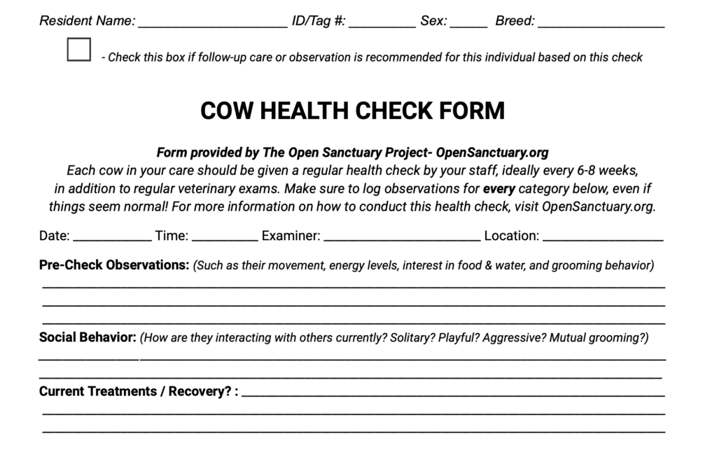 Sample of the cow health check form