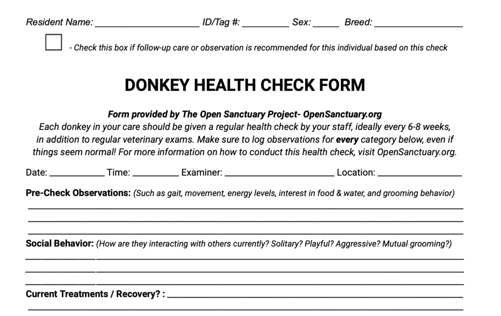 A sample of the donkey health check form