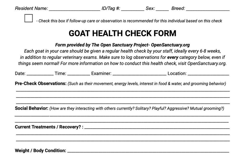Sample of the goat health check form