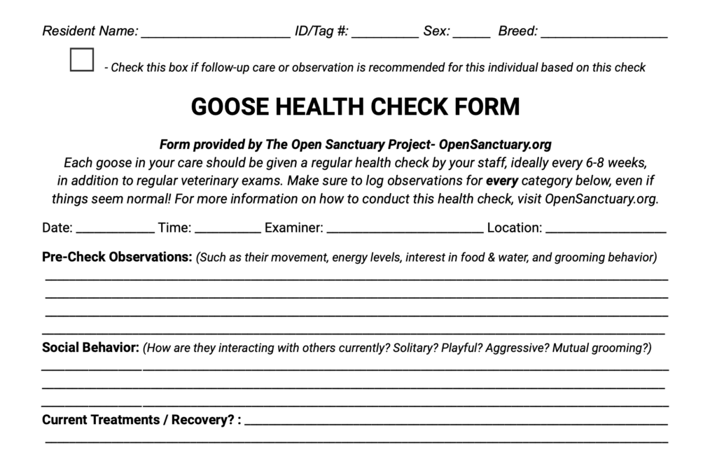 Sample of the goose health check form