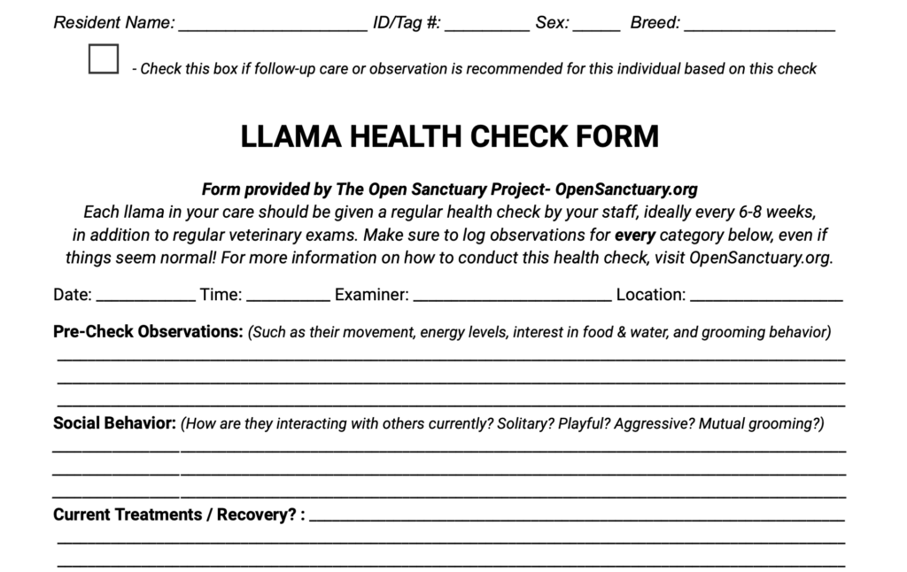 Sample of the llama health check form