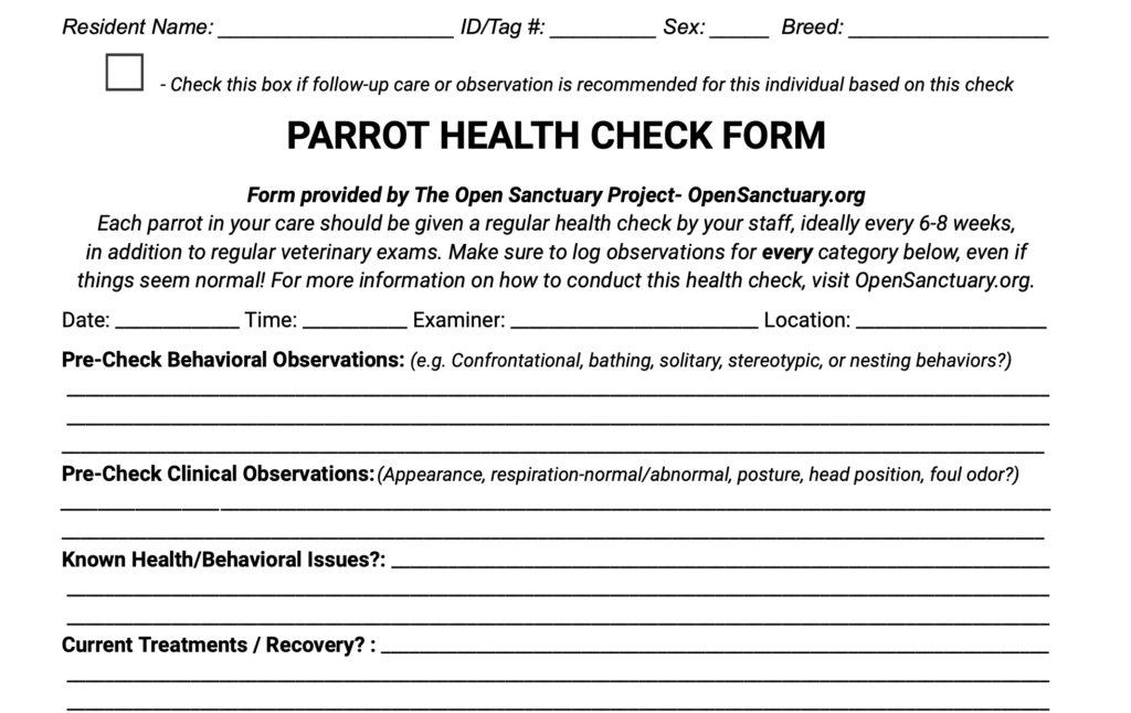 Sample of the parrot health check form