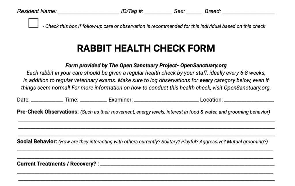 Sample of the rabbit health check form