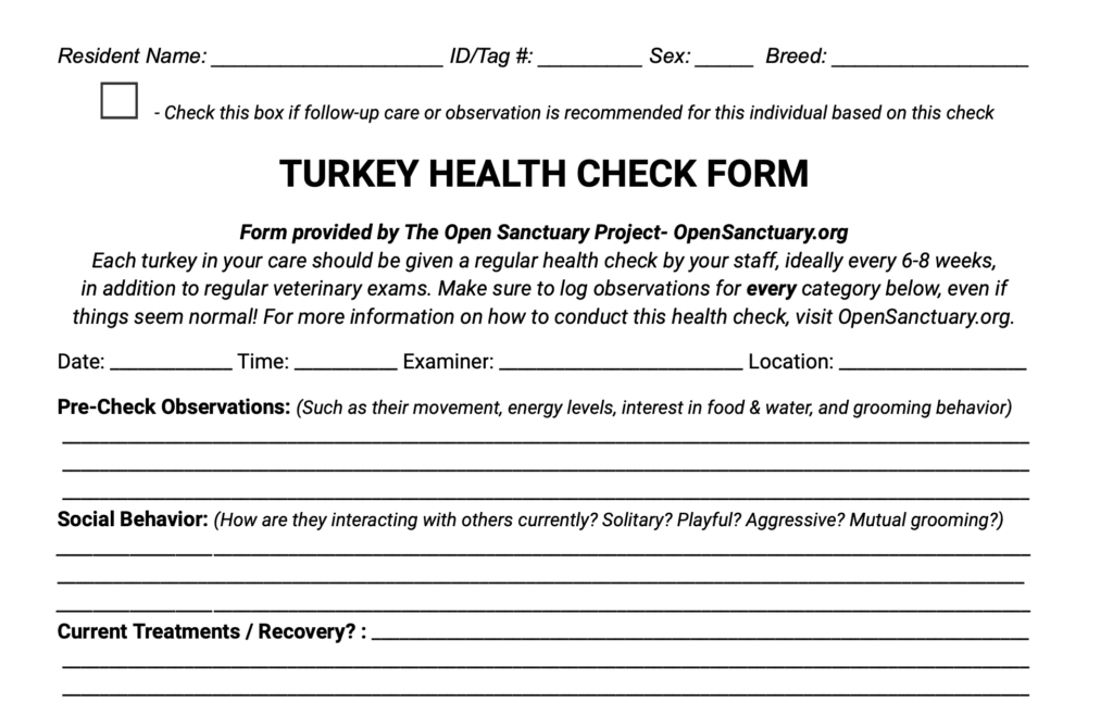 Sample of the turkey health check form
