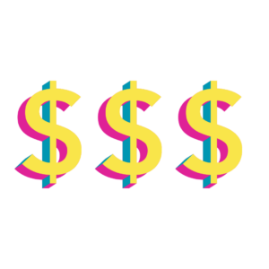 Three large dollar signs line up next to one another. They are neon yellow, magenta, and teal.