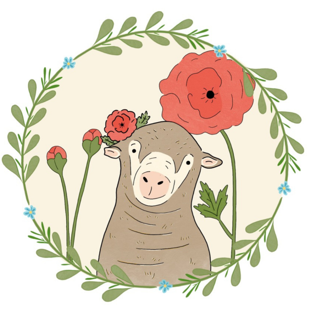 An illustration of a cream-colored circle with green vines and small blue flowers outlining it. Inside the circle is a light brown sheep with a red flower on their ear. There are three red flowers behind the sheep as well.