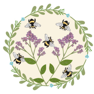 An illustration of a cream-colored circle with bumblebees flying inside. They are flying around purple and yellow flowers.