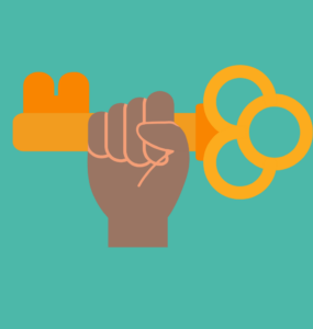 A graphic of a brown hand gripping a golden key on a teal background.