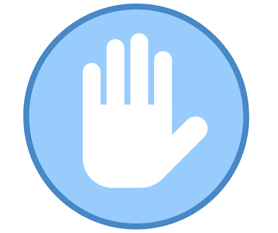 A blue circle with a darker blue ring contains a white hand indicating "stop".
