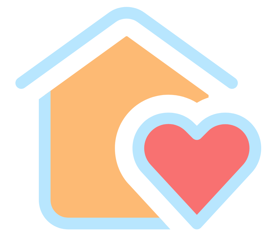 A graphic of a house with a baby blue roof and yellow wall with a pink heart surrounded in the same blue.