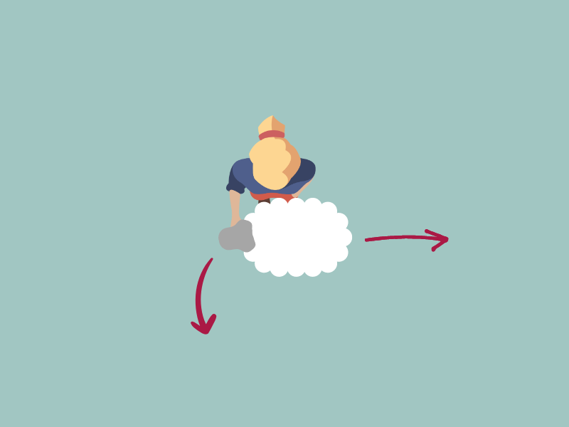Graphic showing an aerial view of a caregiver attempting to hold a sheep resident in place. Red arrows show that the sheep can move away from the caregiver and can also move backwards.