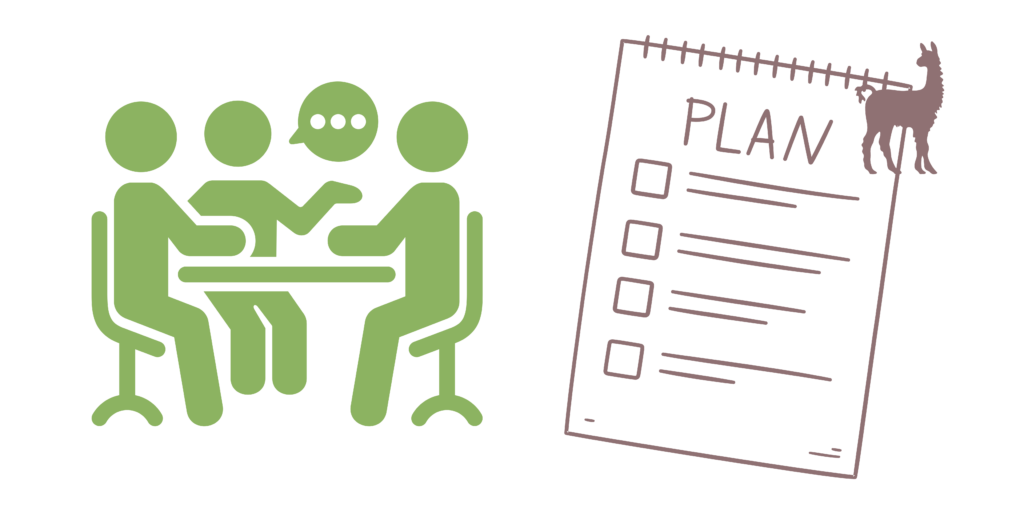 Green human figures sit around a table making a plan. Next to this graphic is another graphic is asheet of paper the reads "PLAN" and has check boxes on it.
