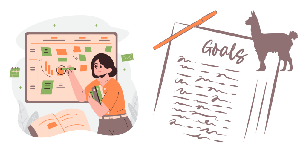 Next to an illegible list titles "goals" with an orange pen lying at the top of the page is a light skinned person with black hair carrying a budle of books and making notes on a bulletin board with sticky notes on it.