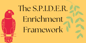 A red parrot sits on a branch against a bright yellow background with light green leaves trailing down. The words "The S.P.I.D.E.R. Enrichment Framework" are written across the background.