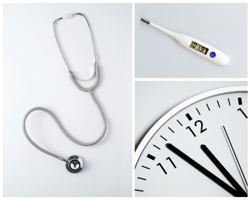 A collage of three images: a stethoscope, a digital thermometer, and a clock.