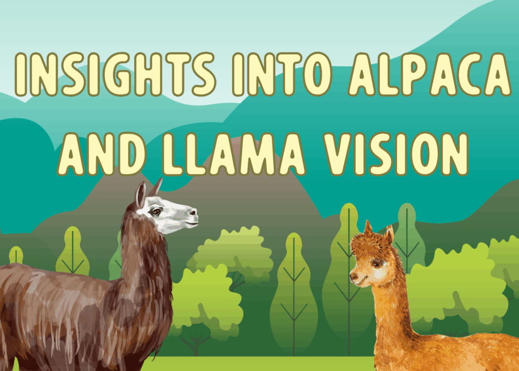 A colorful background of teal and deep greys, greens, and blues makes up a scene of mountains and sky and trees and grass. A black and white llama stands at the forefront, along with a little brown alpaca. Above their heads a sign reads "Insights Into Alpaca And Llama Vision".