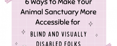 This is a graphic. There is a light purple square in the background. In front of the square is black text that says six ways to make your animal sanctuary more accessible for blind and visually disabled folks. There is an illustration of a white duck in the bottom left corner of the square. There is also two pieces of darker purple illustrated tape in the top left corner of the square and the bottom left corner of the square.