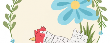 Illustration of a cream-colored circle with a white and black chicken in the middle. There are green vines wrapped around the circle with small blue flowers. There is a large blue and yellow flower behind the chicken.