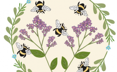 An illustration of a cream-colored circle with bumblebees flying inside. They are flying around purple and yellow flowers.