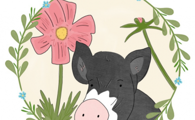 An illustration of a cream-colored circle with greenery and blue flowers on the border. Inside the circle, there is an illustration of a black and white pig with a pink snout. There is a pink and yellow flower behind the pig.
