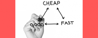 A banner depicts a right hand drawing two way arrows between the words cheap, good, and easy.