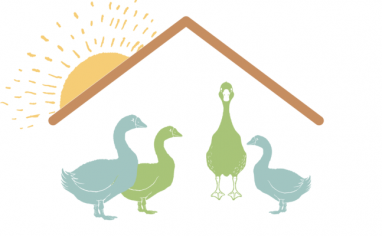 Graphic of a gaggle of geese under a roof.