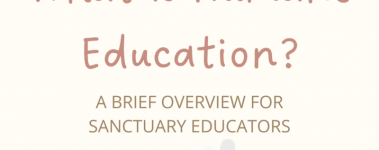 This is a cream colored text box. The text inside the text box is dark pink and says: What is humane education? A Brief overview for sanctuary educators.