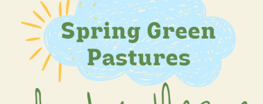 A cream colored background. A cartoon yellow sun peaks out from behind a baby clue cloud. Bellow are green scribbles that represent grass. Over the cloud are the words "Spring Green Pastures".